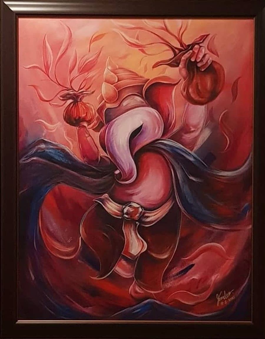 A framed crimson abstract painting, signed